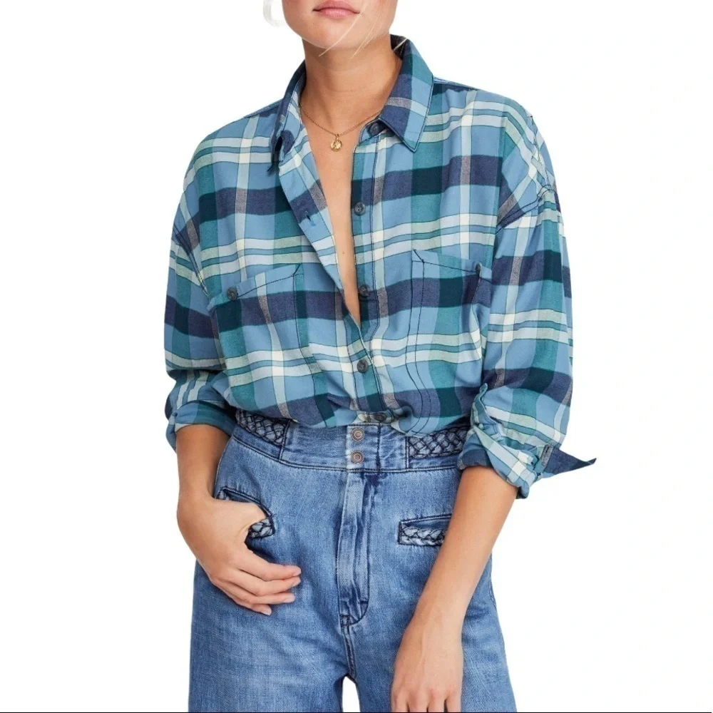 Free People Loveland Plaid Long Sleeve‎ Button Front Shirt Size XS